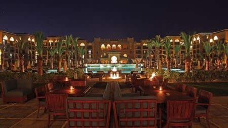 wonderful resort pool at night - trees, night, chairs, pool, resort, lights