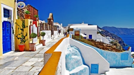 beautiful cliff side town on a greek isle - white, view, town, cliff, island, lane