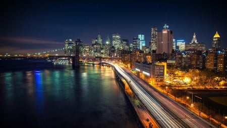 FDR highway in manhatten under the brooklyn bridge hdr - river, highway, lights, hdr, city, night, bridge