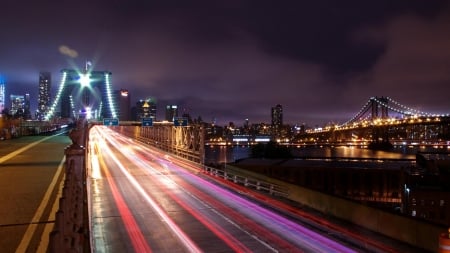 brooklyn bridge at night in long exposure - long exposure, river, lights, city, night, bridge