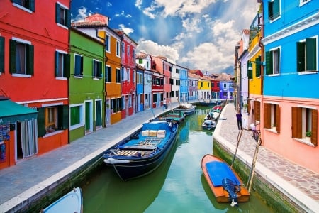 colorful houses on a canal on isle of burano - sky, houses, boats, colors, canal