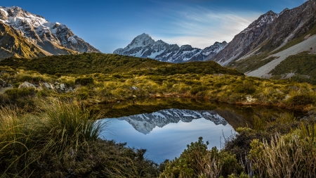 Pond - sky, nature, mountain, grass