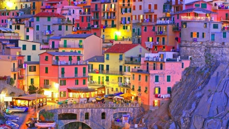 fantastic town of cinque terre italy at dusk - town, lights, cliff, dusk, colors