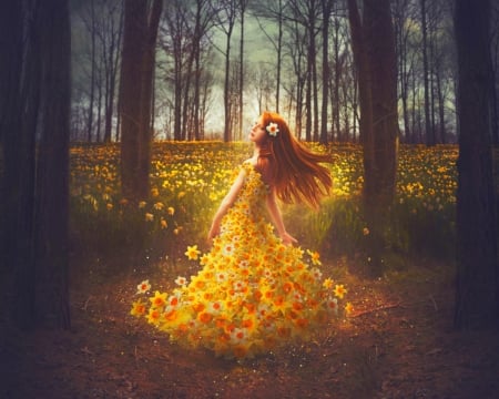 Flower Girl - abstract, flowers, girl, trees