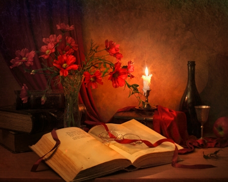 Still Life - candle, flowers, still life, book