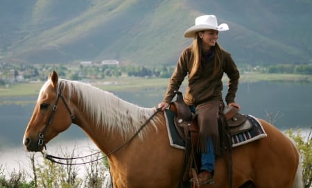 ~Cowgirl~ - horse, water, chaps, brunette, saddle, cowgirl, hat, mountain, boots