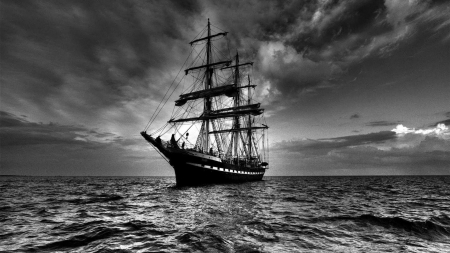 tall ship at sea in grayscale - sail, ship, sea, grayscale, sky