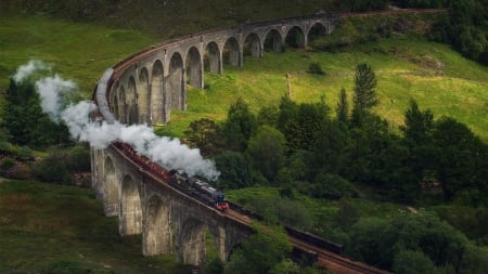 steam train on an old rail bridge hdr - train, valley, trees, railroad, steam, hdr, bridge