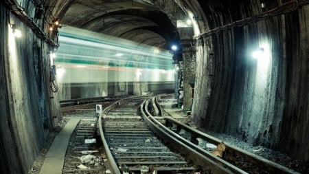 paris subway tunnel in long exposure - long exposure, train, rails, lights, tunnel