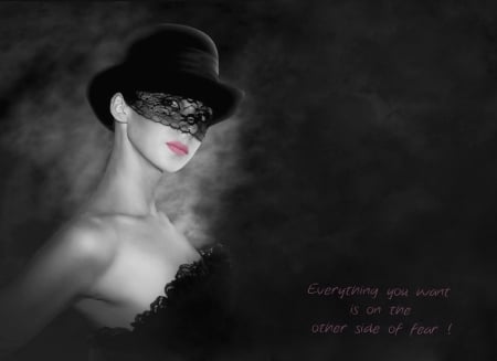 On the other side - hat, lips, woman, beauty, words