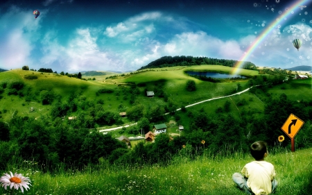 sitting on the hill - hill, boy, sign, rainbow, balloon, lake, grass