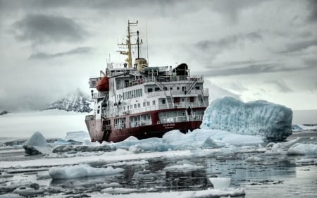 polar star icebreaker in antarctica hdr - clouds, ice, ship, hdr, sea, bergs, breaker