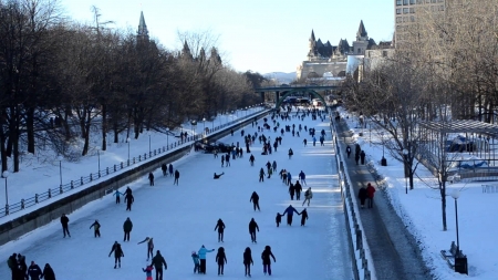 people skating on a frozen rideau canal in ottowa - people, skating, winter, city, frozen, canal