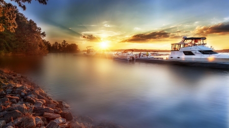 boats docked on a lake at sunset hdr - lake, docks, sunset, boats, shore, hdr