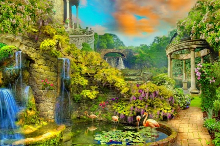 Fantasy garden - greenery, house, magic, pond, beautiful, flowers, fantasy, waterfall, garden, gazebo, pelican, paradise, enchanted, art