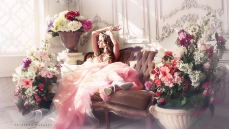 Gorgeous - Beauti around flowers - women, girls, beauty, models, female, sofa, bride, superb, model, flower pots, gorgeous, pretty, photo shoot, style, girl, fashion, lovely, attractive, pink, beautiful, charming, flowers, decoration, blonde, dress