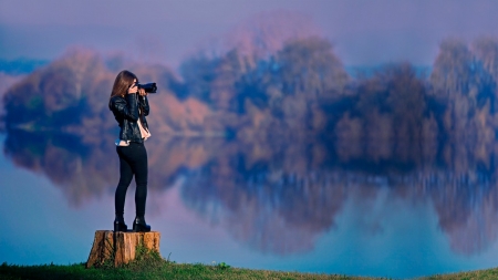 Photography - woman, beauty, female, people, jeans, black, model, gorgeous, camera, tree, brunette, photograph, lake, girl, jerkin, stunning, lovely, show, attractive, still, nature, beautiful