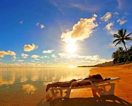 Warm of the sun - beach, woman, sun, sky