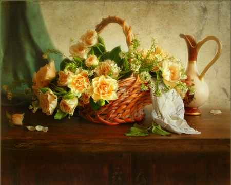 Still Life - flowers, table, basket, still life