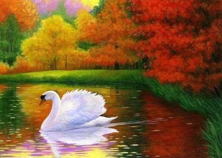 Autumn Swan - swan, paintings, fall, swans, autumn, lakes, love four seasons, draw and paint, animals