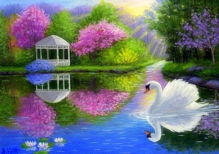 Spring Swan - swans, animals, draw and paint, gazebo, spring, lakes, love four seasons, flowers, paintings, garden