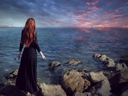 Waiting - women, clouds, waves, ocean, rocks, sky