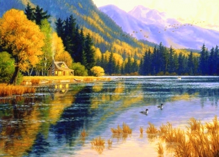 Silver Lake Getaway - attractions in dreams, autumn, mountains, cabins, nature, lakes, love four seasons, paintings, colors, fall season