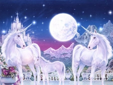 unicorn family - moon, unicorn, mountain, castle, family