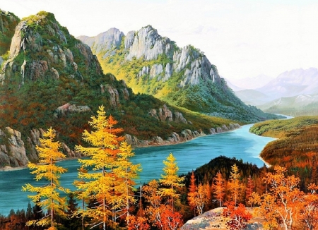 Fall in The Mountains - river, Autumn, trees, Fall, painting, colors, mountains