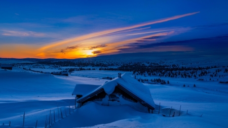 wonderful winter sunrise - sunrise, hills, winter, cabin