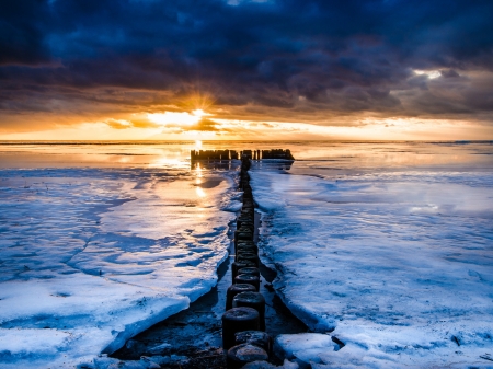 Sea Sunset - ice, nature, snow, clouds, winter, sunset, sea