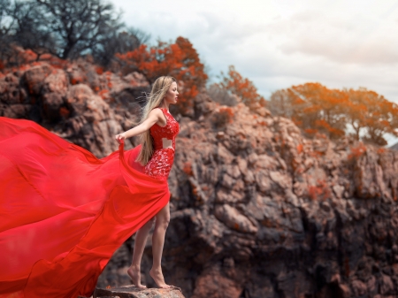 Mountain Girl - girl, trees, red, mountains, model, dress, blonde