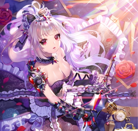 Beauty Knight Princess - pretty, roses, anime, female, long hair, white hair, red, princess, art, anime girl, beautiful, girl, sword, beauty, sweet, petals, knight, cards, lady, woman, cute, gloves