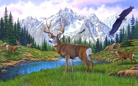 In All His Majesty - wildlife, attractions in dreams, draw and paint, animals, mountains, deer, creek, love four seasons, eagle, landscapes