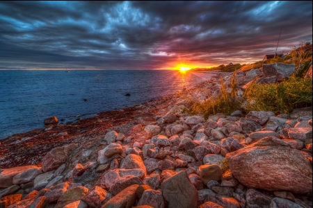 Beautiful sunset - beach, beautiful, sea, stones, dazzling, shore, sunset, fiery, sky