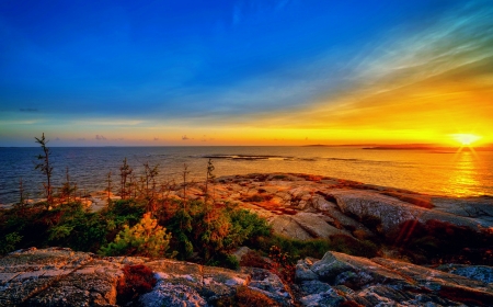 Sea sunset - sky, beach, sunset, fiery, reflection, beautiful, orange, stones, sea