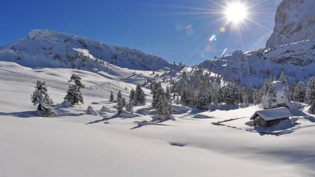 spectacular sunshine over selva italy - mountains, cabins, winter, ski, trees, snow, sunshine