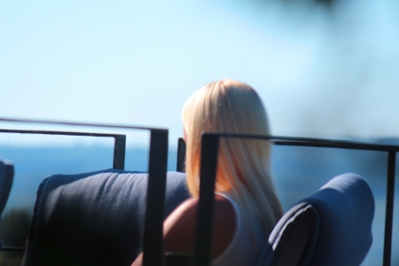 The Wait - sky, girl, blue, railing