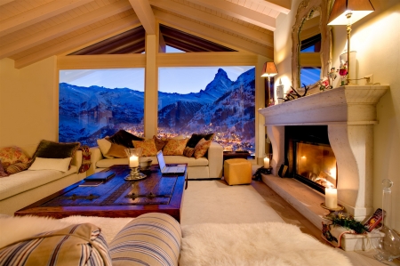 cozy livingroom overlooking ski resort - winter, fireplace, view, livingroom, resort, mountains