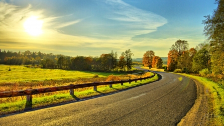 Road to the Country - autumn, sky, fence, trees, sun, foad, field, country, fall, clouds, sunrise, firefox persona theme