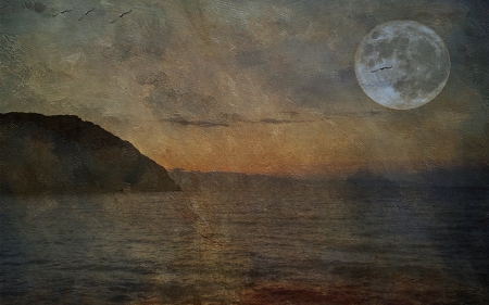 Pale moonlight - moon, dark, rock, sea, texture, dusk