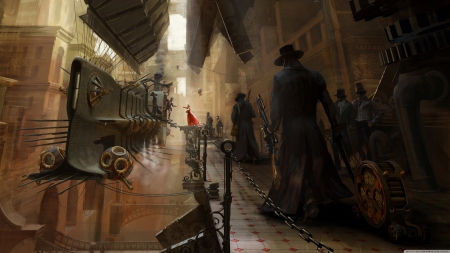 steampunk city - gun, ship, man, steampunk, city, luggage