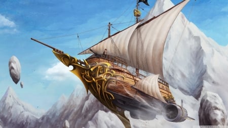 flying ship - cloud, ship, sky, mountain