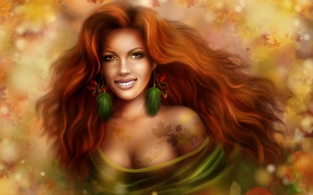 Autumn - portrait, fantasy, leaf, girl, redhead, autumn, art, green