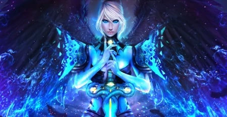 DragonHunter - game, blue, girl, sword, dragon hunter, dark, fantasy, guild wars, woman, art, luminos