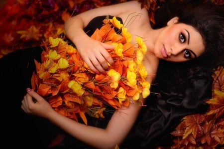 Beauty - black, beauty, model, yellow, brunette, girl, orange, woman, autumn