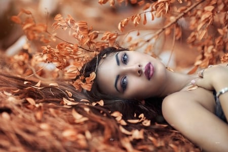 Autumn beauty - woman, autumn, alessandro di cicco, girl, red, leaf, model