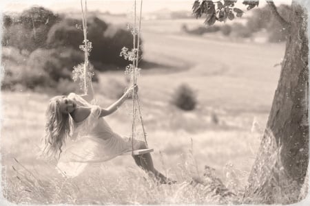 Summer wind - summer, girl, swing, black, wind, white, woman, model, bw