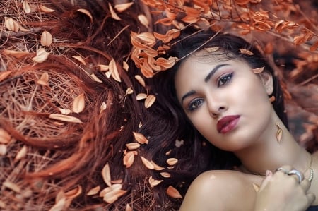 Autumn beauty - beauty, woman, alessandro di cicco, girl, red, the colors of autumn, leaf, model