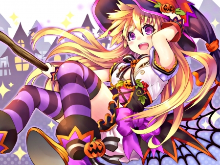 Witch - hat, spider, anime, girl, pink, web, witch, manga, purple, halloween, kobanzame